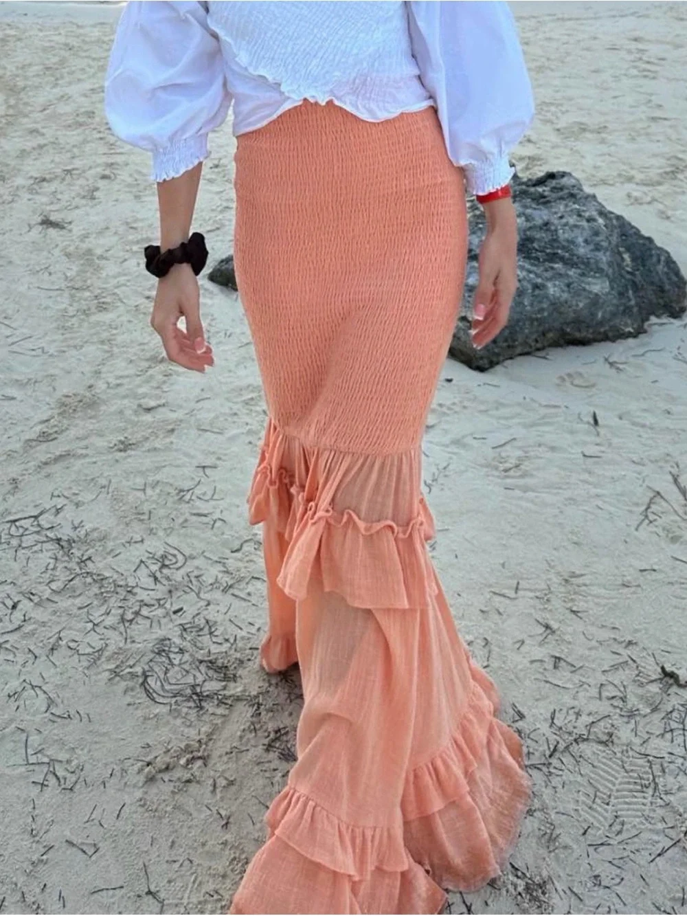 Smocked Coral Ruffle Mermaid Maxi Skirt